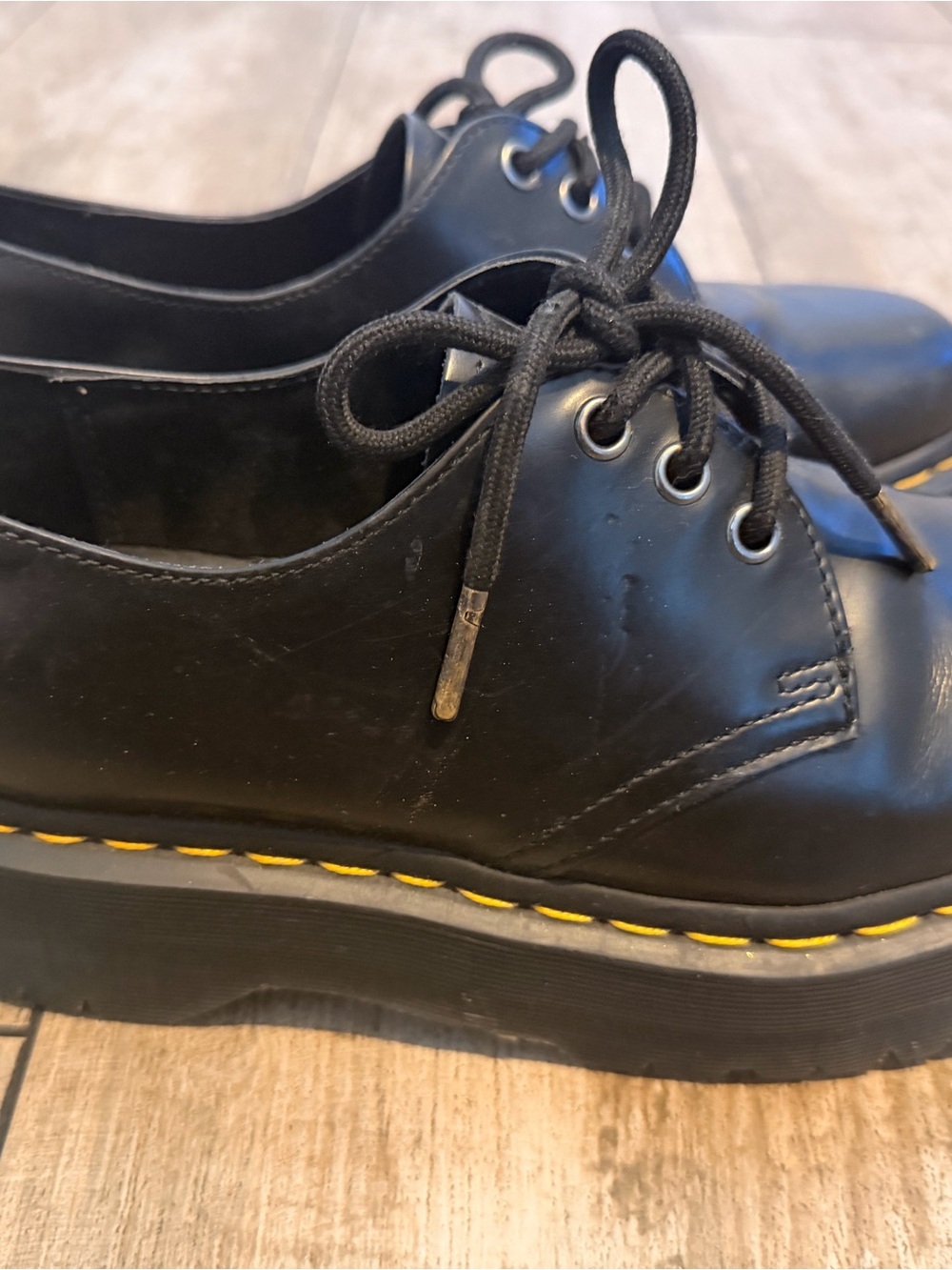 Dr. Martens Black Lace-Up Platform Oxfords with Yellow Stitching